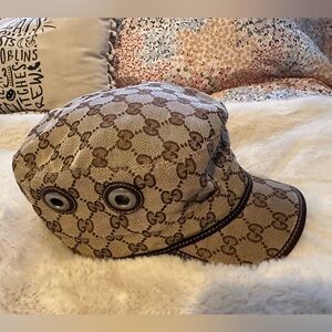 Authentic Gucci Monogram GG Canvas Military Hat in Brown Size Large Unisex